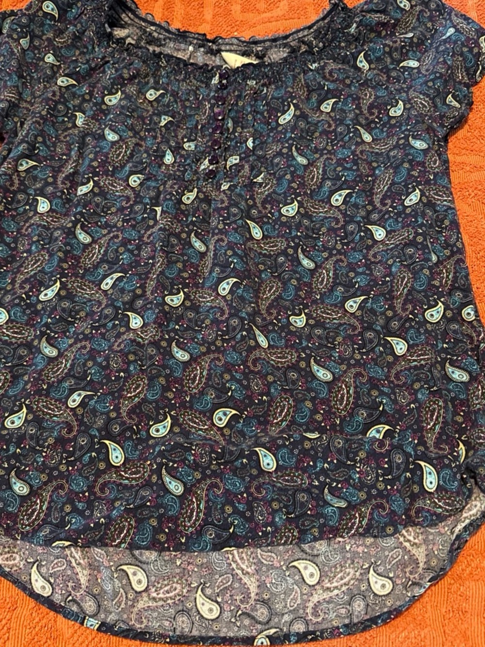 Faded Glory Navy Paisley Short Sleeve Top with Teal Accents